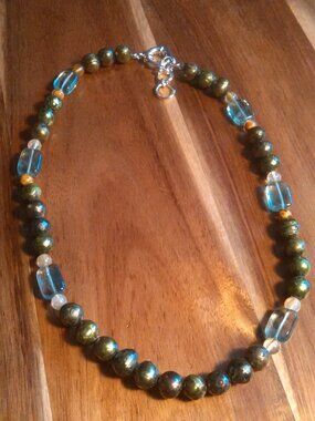 Fluorite, White Quartz, and Green Pearl Platinum Bond Necklace (18 Inch)